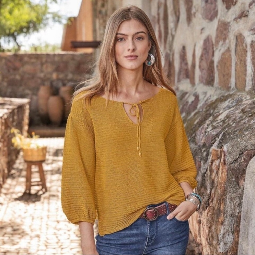 Sundance Balloon Sleeve Knit Sweater Tie Neck Mustard Yellow Size Small